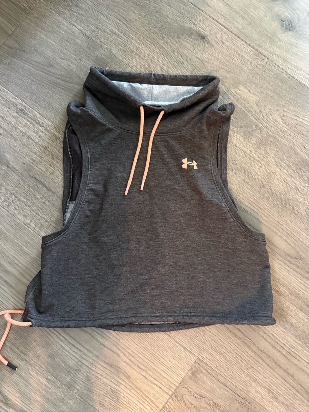 Under Armour Charcoal Sleeveless Hooded Crop Top with Peach Drawstrings